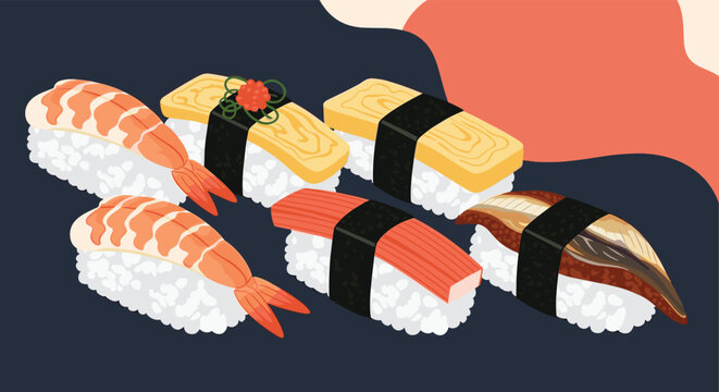 Selection of six different nigiri sushi types including shrimp, egg, eel, and crab stick on a dark blue background.