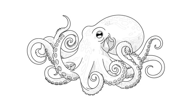 Detailed black and white line art illustration of a large octopus with many tentacles and suction cups for coloring book.