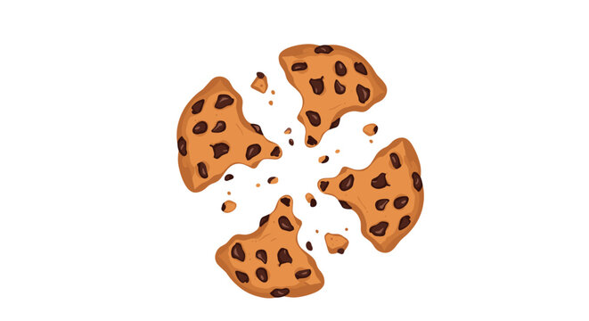 Delicious chocolate chip cookie broken into four pieces with crumbs scattered around it isolated on white background.