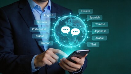 Fototapeta premium Businessman using smartphone with holographic globe showing global languages including English French Spanish Chinese Japanese Arabic Korean Portuguese German Thai for