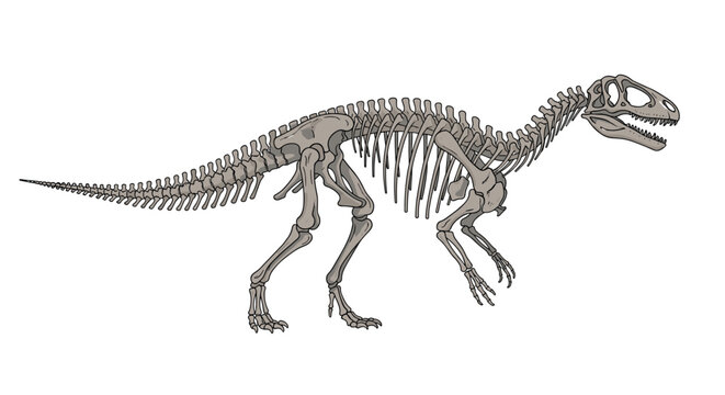 Detailed scientific illustration of a complete dinosaur skeleton showing all the bones and skull in a side view on a white background.