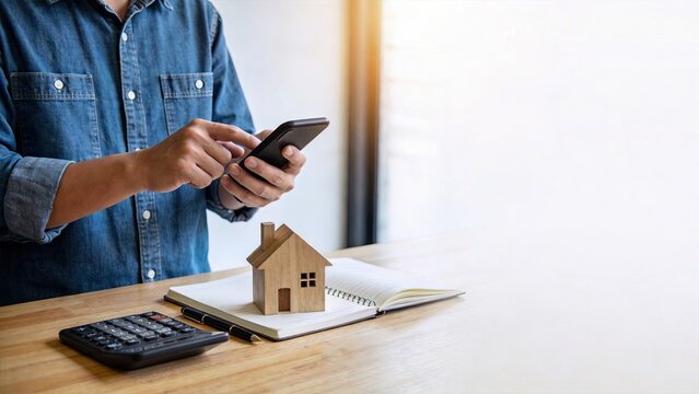 Man using smartphone for online banking mortgage application real estate investment property management home loan calculator financial planning digital payment smart home