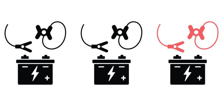 Cartoon jumper cable or jumper lead for car, battery jumper power cables with plus and minus symbols, representing jump starting a vehicle and charging battery, presented as a clear vector 