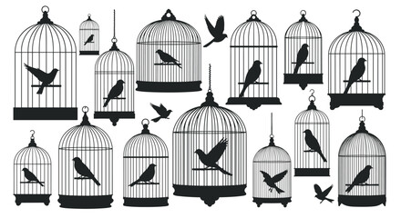 Fototapeta premium Large collection of black silhouettes showing various styles of birdcages and flying birds either inside them or escaping to fly freely.