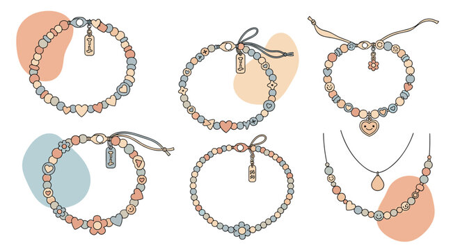 Collection of six colorful beaded bracelets and necklaces with various cute charms such as hearts, flowers, and yellow smiley faces.