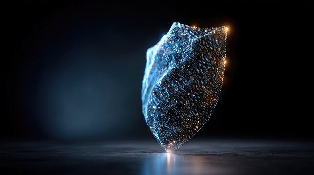 Abstract digital shield with glowing particles and blue light against dark background, representing protection, security and technology in modern design