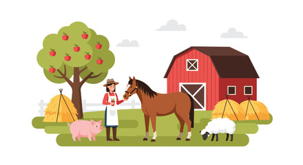 Fototapeta premium Female farmer interacts with domestic animals including a horse, pig, and sheep near a traditional red barn and apple tree in a rural landscape.