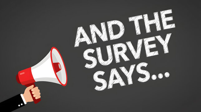 A human hand holding a red and white megaphone announcing survey results with bold white text on a dark gray b