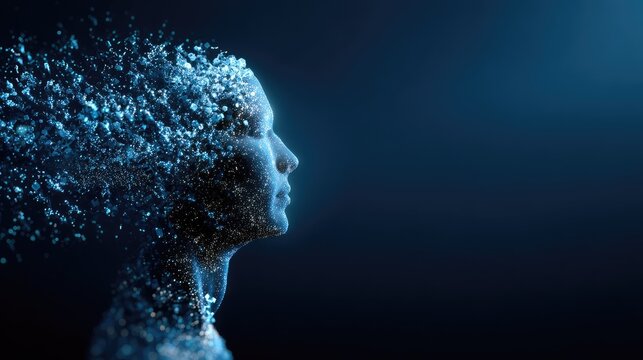 Abstract representation of a human face dissolving into particles, symbolizing transformation, creativity, and the blend of technology with humanity