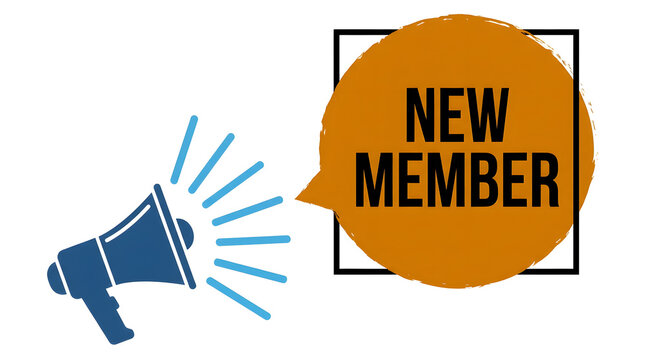 Blue megaphone announcing a new member with an orange speech bubble on a white background a vibrant graphic il