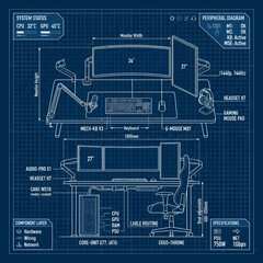 Obraz premium Flat vector illustration of a detailed gaming desk setup blueprint showcasing a powerful personal computer station