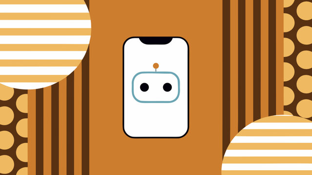 Mobile phone screen displaying a cute robot character icon against a geometric patterned background for app design themes.