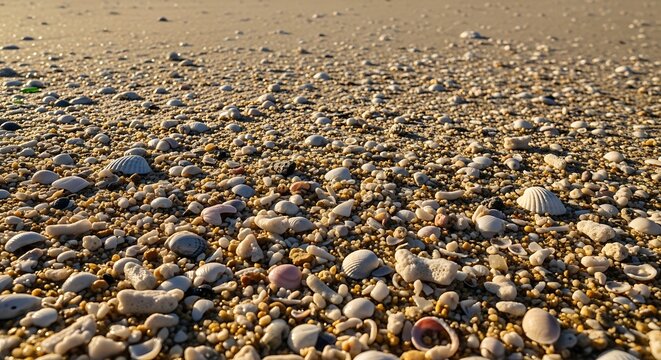 Close up of a sandy beach covered in small seashells and pebbles, showcasing natural textures and coastal details under warm sunlight.