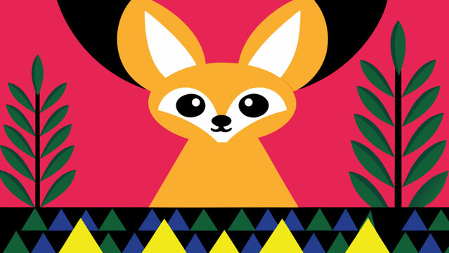 Fennec fox stands centered in a vibrant geometric desert landscape.