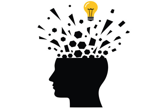 Creative brain explosion with light bulb, human head silhouette with exploding thoughts, innovative mind concept for business and education isolated on White Background