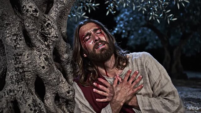 Biblical Messiah Jesus Christ Praying in Agony within Night Garden of Gethsemane Kneeling by Ancient Olive Tree with Blood Sweat on Brow Before Crucifixion Passion Scene at Midnight