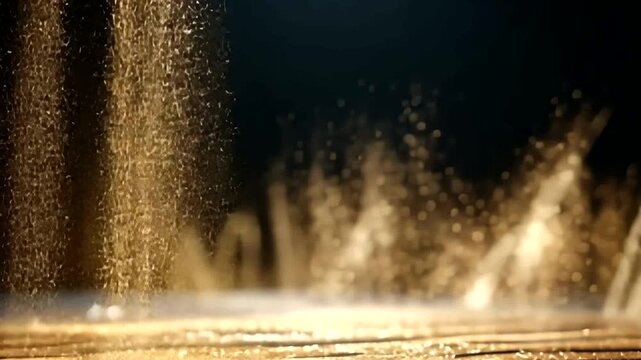 Close-up of cascading particles falling onto wooden planks, creating an atmospheric, illuminated effect