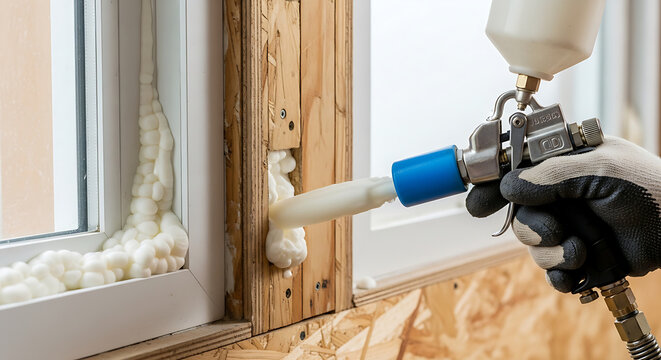 A worker spraying foam insulation into a window frame during home renovation