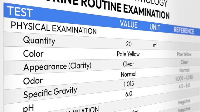 Random Urine Routine Examination Test Report. Physical Chemical Analysis, Infection Screening, Microscopic Evaluation, Kidney Health Assessment and Diagnostic Insights. 4K 2D Video Animation