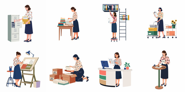 A set of illustrations showing a female office worker performing administrative tasks such as filing, organizing, archiving, and handling documents.