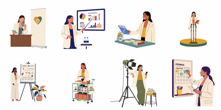 Professional Women Managing Public Relations, Health Initiatives, and Media Outreach in Various Business Settings and Corporate Communication Scenarios.