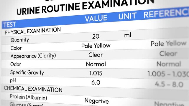 Random Urine Routine Examination Test Report. Physical Chemical Analysis, Microscopic Evaluation, Infection Screening, Kidney Health Assessment and Diagnostic Insights. 4K 2D Video Animation