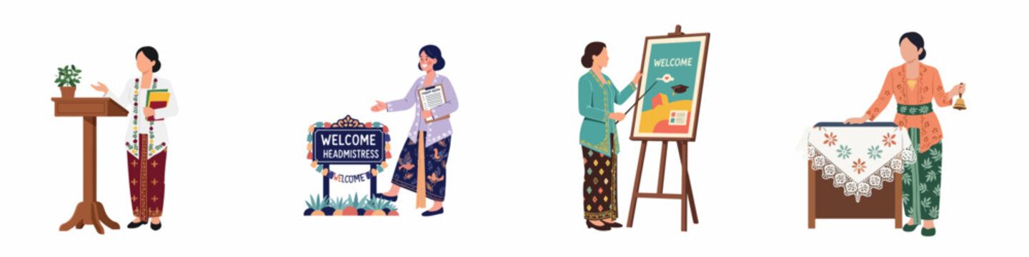 Illustrations of Indonesian Female Educators in Traditional Kebaya Wear, Featuring a Headmistress Giving a Speech, Welcoming Students, and Teaching in a Classroom