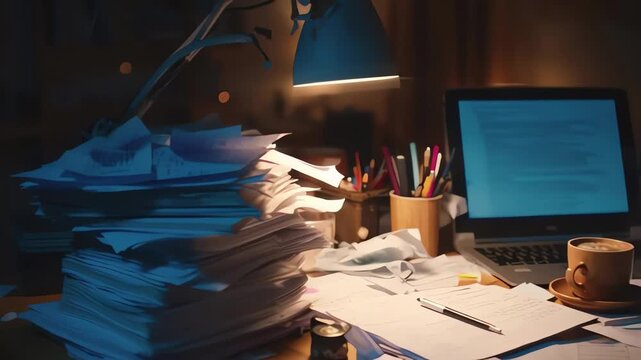 Messy desk with laptop and coffee during late night work