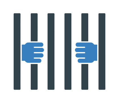 Blue hands holding onto black prison bars in a minimalist vector of a jail cell