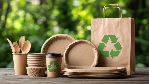 A collection of eco-friendly disposable tableware, including cups, plates, and utensils, featuring a recycling symbol, set against a green natural backdrop.