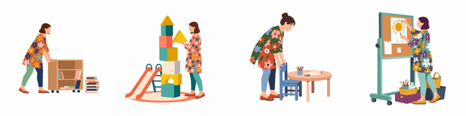 Collection of illustrations showing a kindergarten teacher organizing toys, books, and educational materials in a classroom setting.
