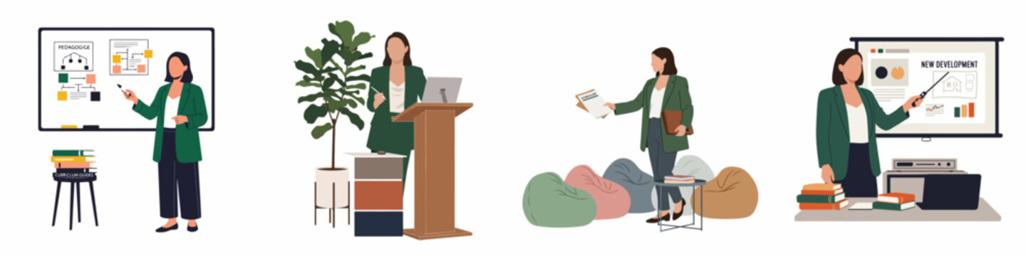 Set of illustrations showing a professional business woman in various work scenarios, including giving presentations, using a whiteboard, and standing at a podium.