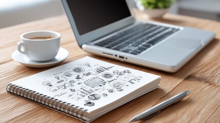Obraz premium Cozy workspace featuring laptop, coffee cup, and notepad with creative sketches on wooden desk in modern home office environment
