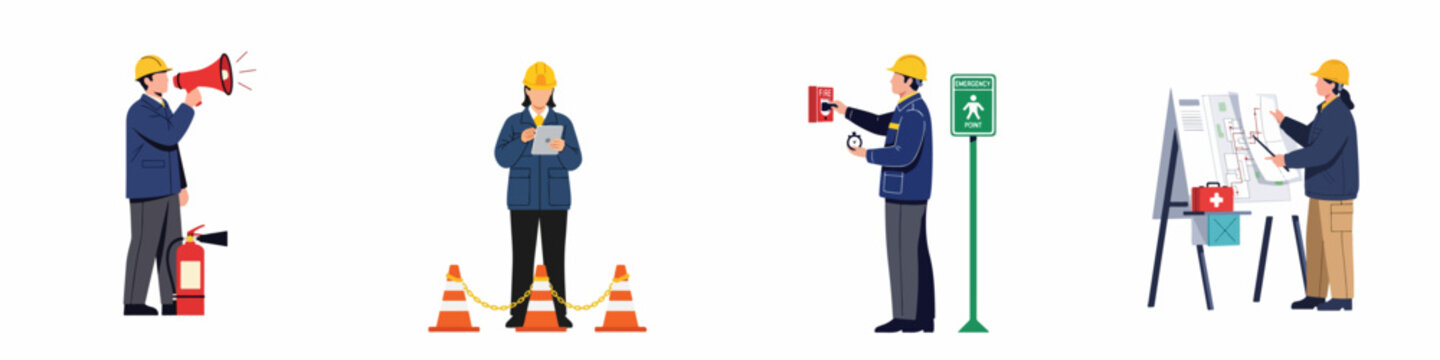 Workplace Safety and Emergency Preparedness Training Illustrations showing Fire Safety, Evacuation Planning, and Hazard Control Procedures.