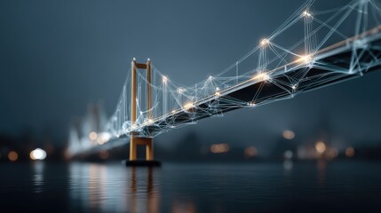 Obraz premium Digital connectivity and technology concept illustrated by a futuristic bridge within a serene waterfront landscape illuminated at night