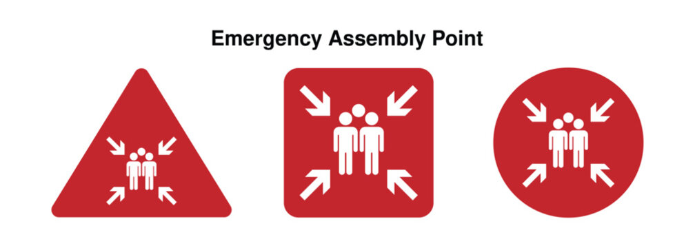 Emergency Assembly Point Icons Set in Red Triangle Square and Circle Shapes, Safety Signs with People Gathering Symbol and Arrows, Evacuation Muster Graphics for Workplace and Public Safety Use