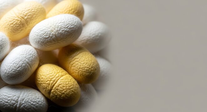 Close up of natural silkworm cocoons in white and yellow hues, a sustainable source for silk production and textile industry materials.