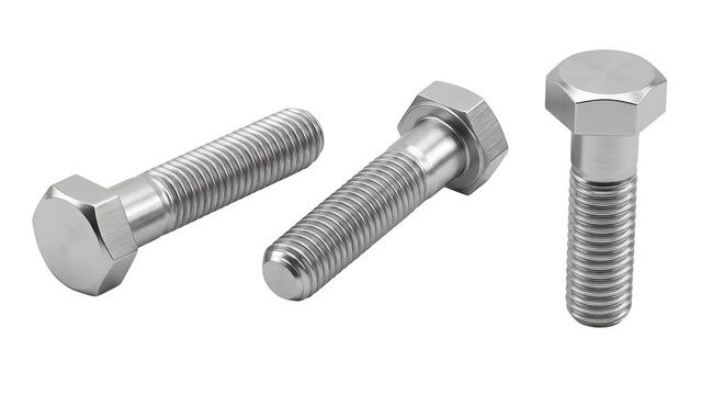 Three silver steel bolts with hex heads on transparent background