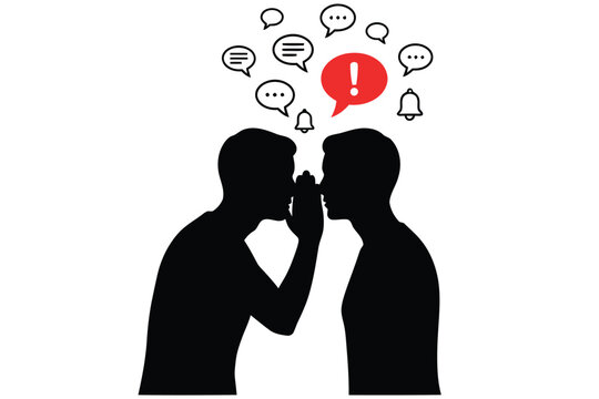 Gossip and secret communication silhouette, men whispering rumors with speech bubbles, important alert and notification icons in EPS format isolated on White Background