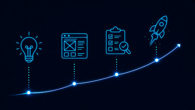 Neon blue technological startup workflow icons illustrating business creation process moving perfectly from creative lightbulb and software wireframe to final quality check and rocket deployment