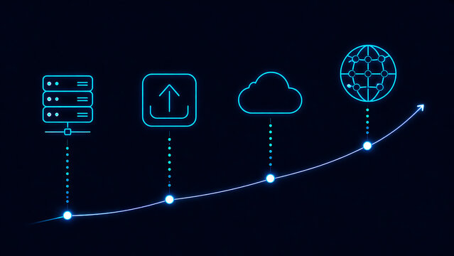 Neon blue global cloud computing icons illustrating modern digital data migration process from physical hardware server through internet upload to virtual storage and worldwide network