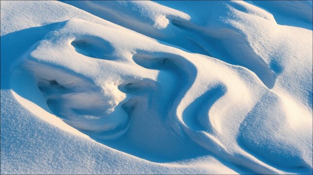 Close animated movie of sculpted snow drifts and wind-formed curves in glistening blue light