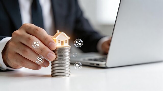 Businessman hand placing miniature house on stack of coins with percent signs floating around laptop computer symbolizing mortgage real estate investment housing market financial