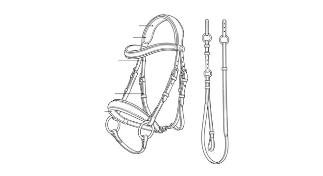 Technical line drawing illustration of a complete horse bridle and reins showing the various leather straps and hardware components.