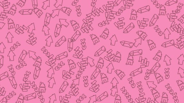 Pink backdrop with line drawings of houses, hearts, arrows, and pencils. Great for valentines day designs, stationery, or real estate marketing.