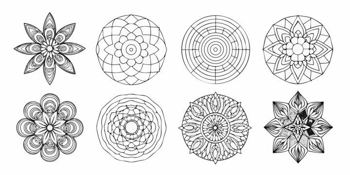 Collection of intricate black and white geometric floral designs on white