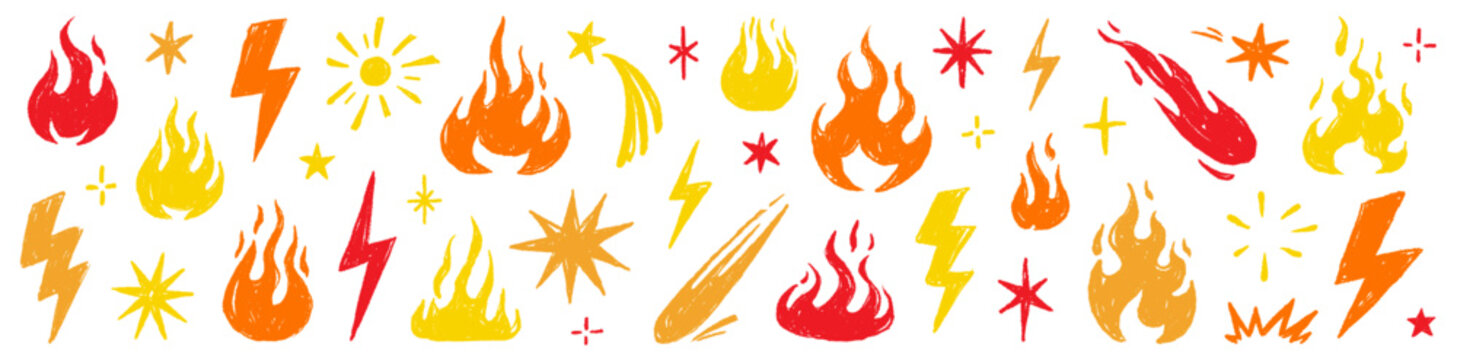 Fire flame icon doodle collage set. Hand drawn flame fire brush scribble grunge chalk texture shape graphic. Punk lightning bolt explosion energy blast sticker rock power burst. Vector illustration