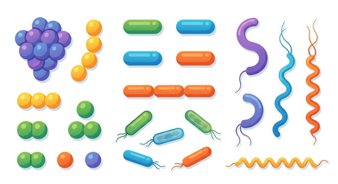 Diverse Bacteria Shapes Vector Set - Coccus, Bacillus, and Spirillum Flat Design