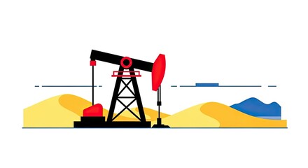 Fototapeta premium Minimalist Flat Vector Oil Pump Jack in Desert Landscape with Clean Design
