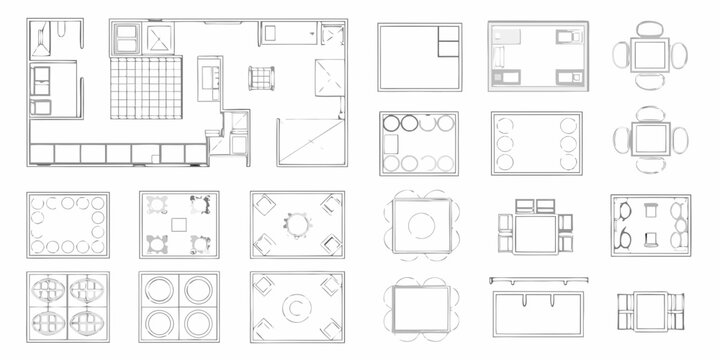 Architectural floor plan elements and furniture arrangement schematics